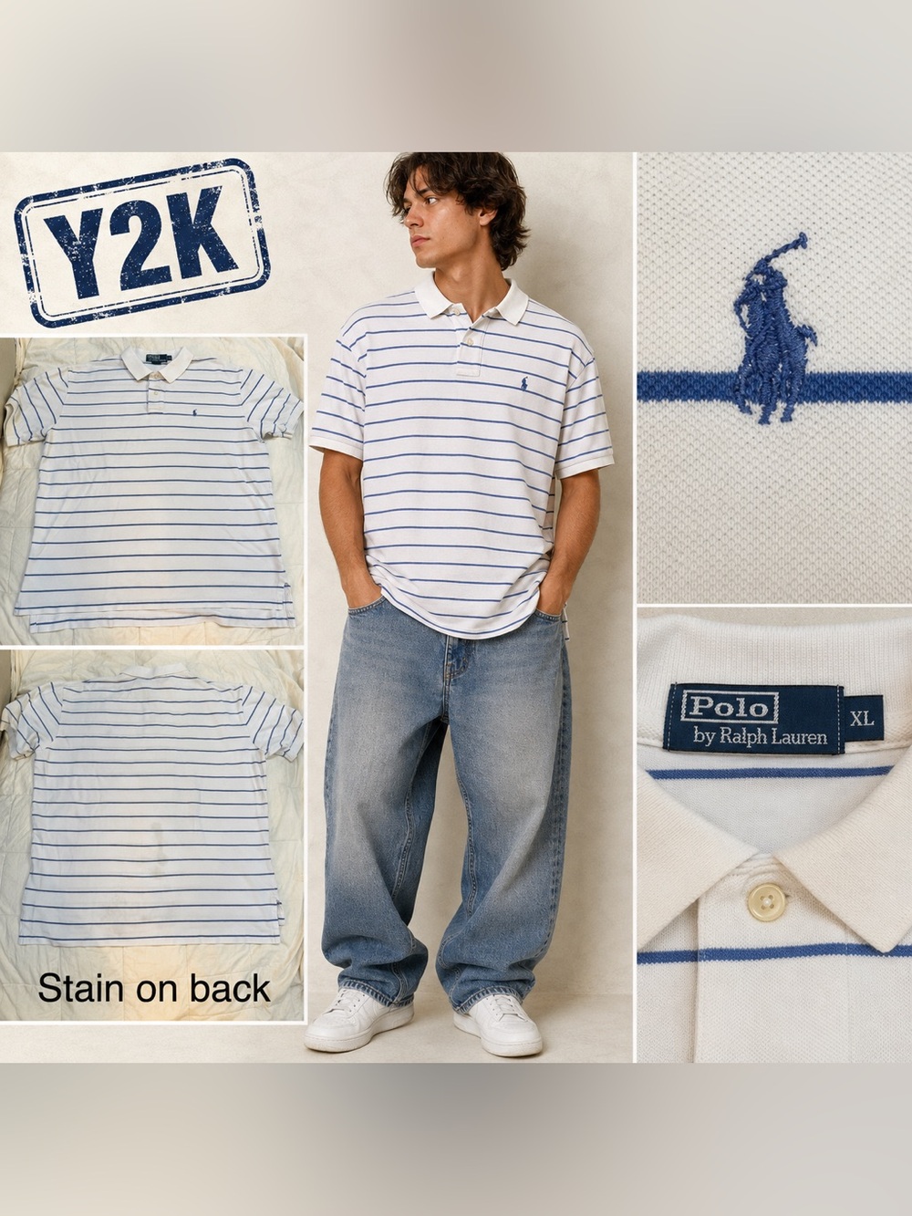 Vintage Y2K Polo Ralph Lauren Blue Striped Polo Shirt Men’s XL